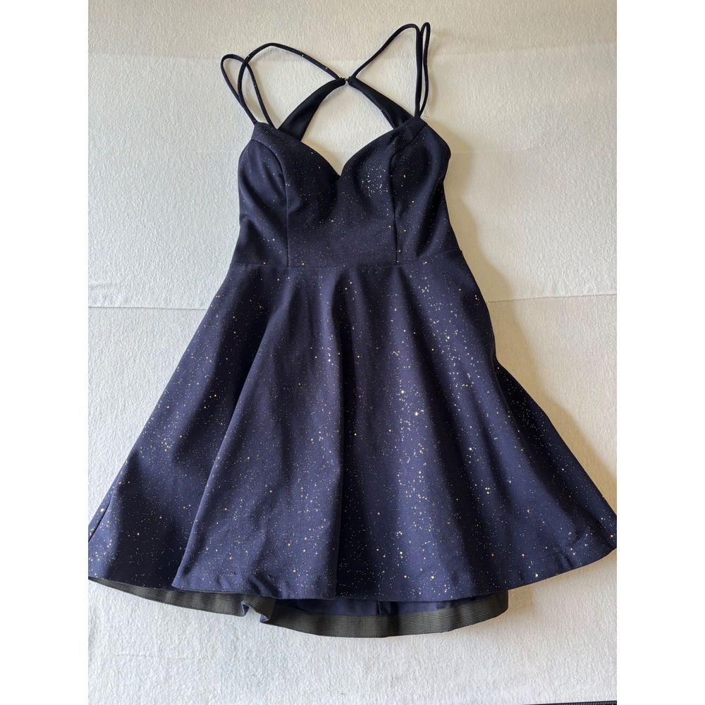 City Studio Womens Navy Blue Gold Glitter Fit Flare Dress Cross Back Size 13